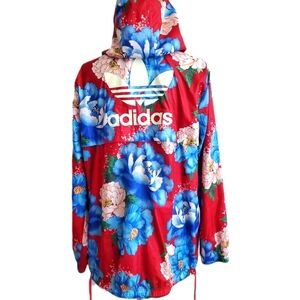 Adidas Tropical Floral Full Zip Windbreaker Hoodie Lightweight Jacket Size L